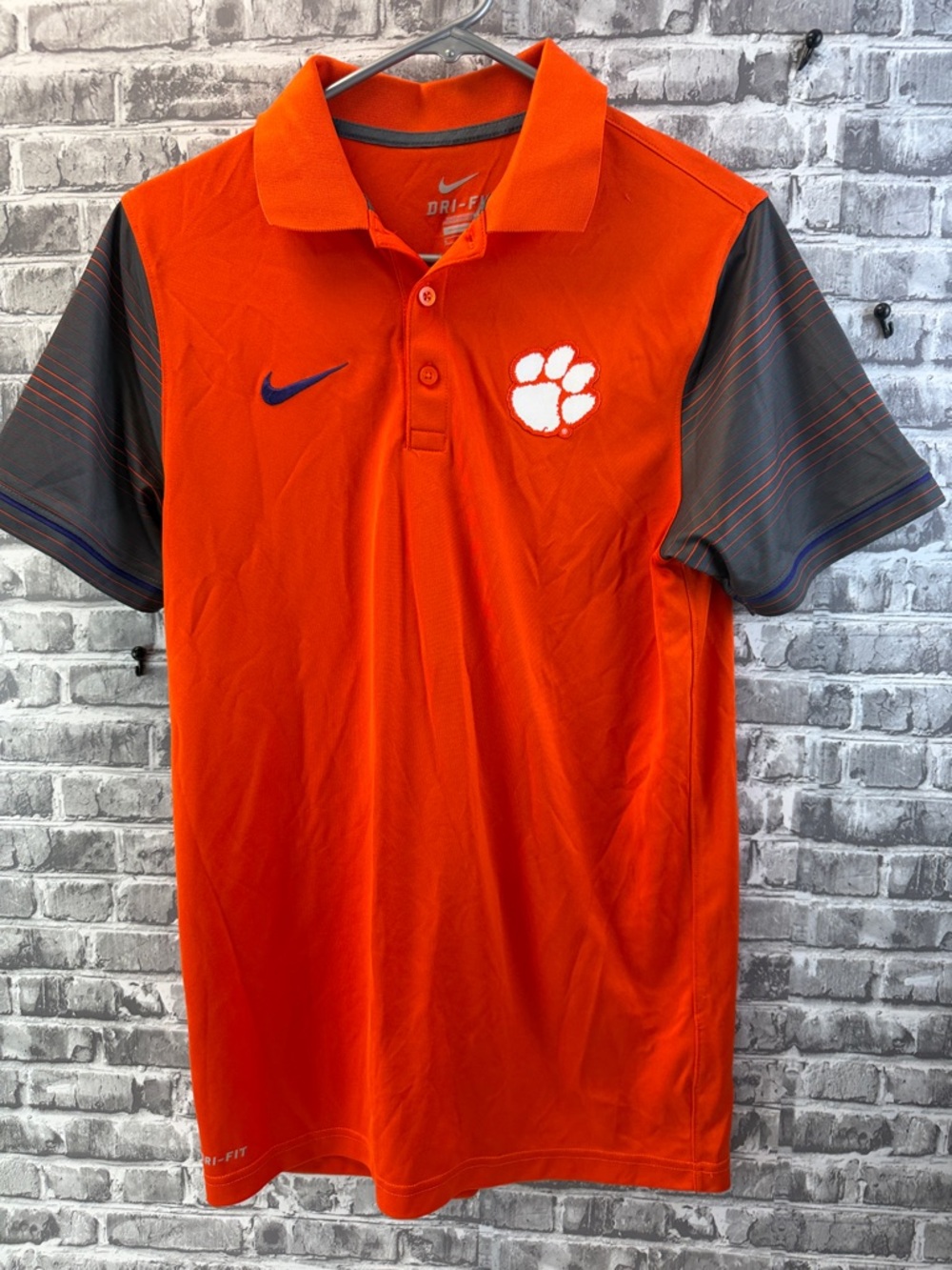 Nike Clemson Tigers Orange Polo with Gray Sleeves and White Paw Emblem